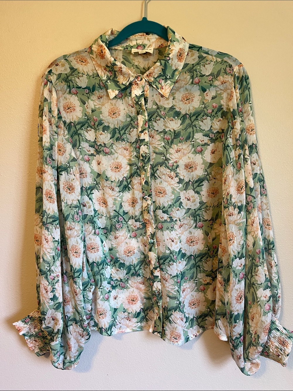 ee:some Vintage Floral Printed Button Down Blouse,Carnations & Peony Pattern